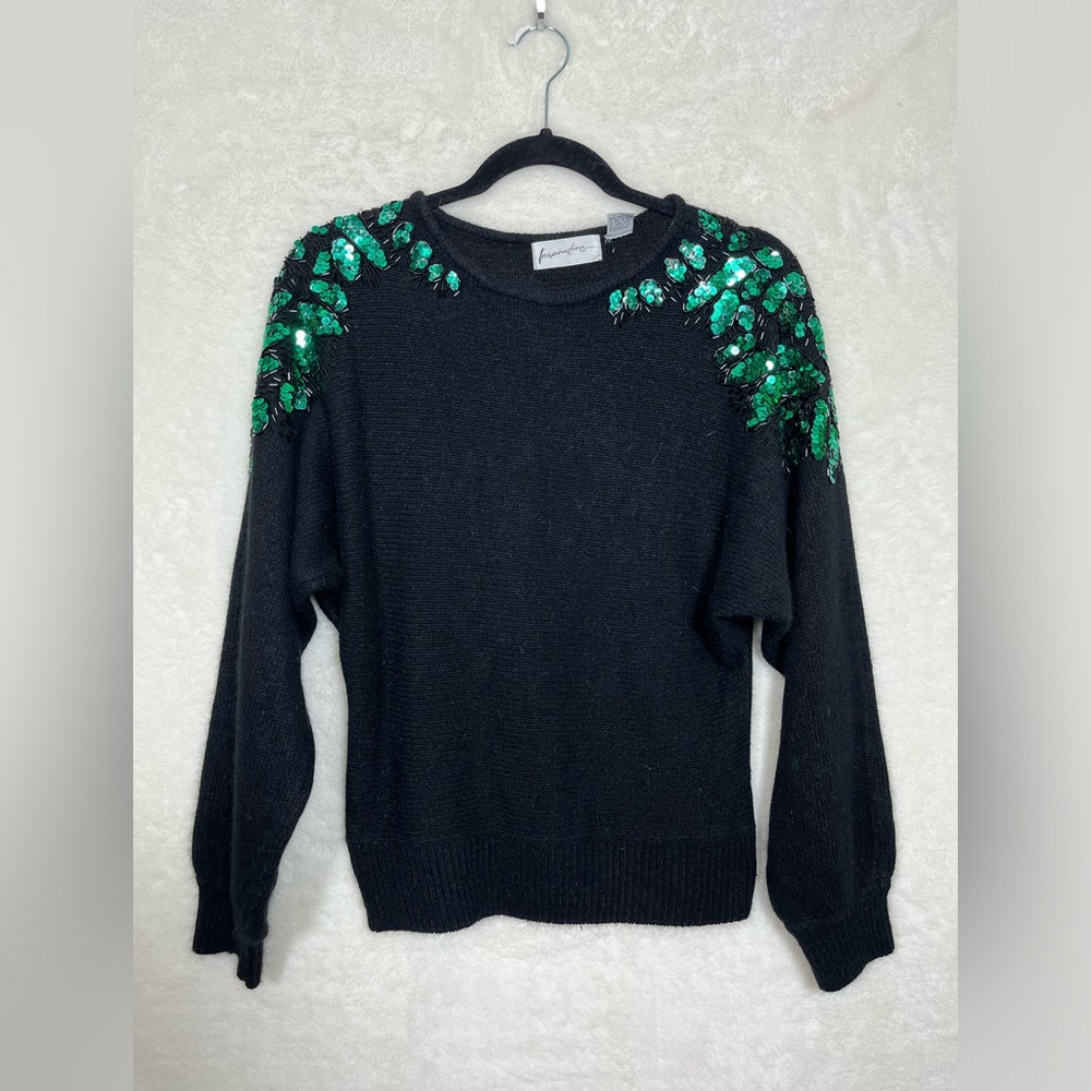 Vintage Inspiration Black Silk Rabbit Hair Green Black Sequins Sweater size S
